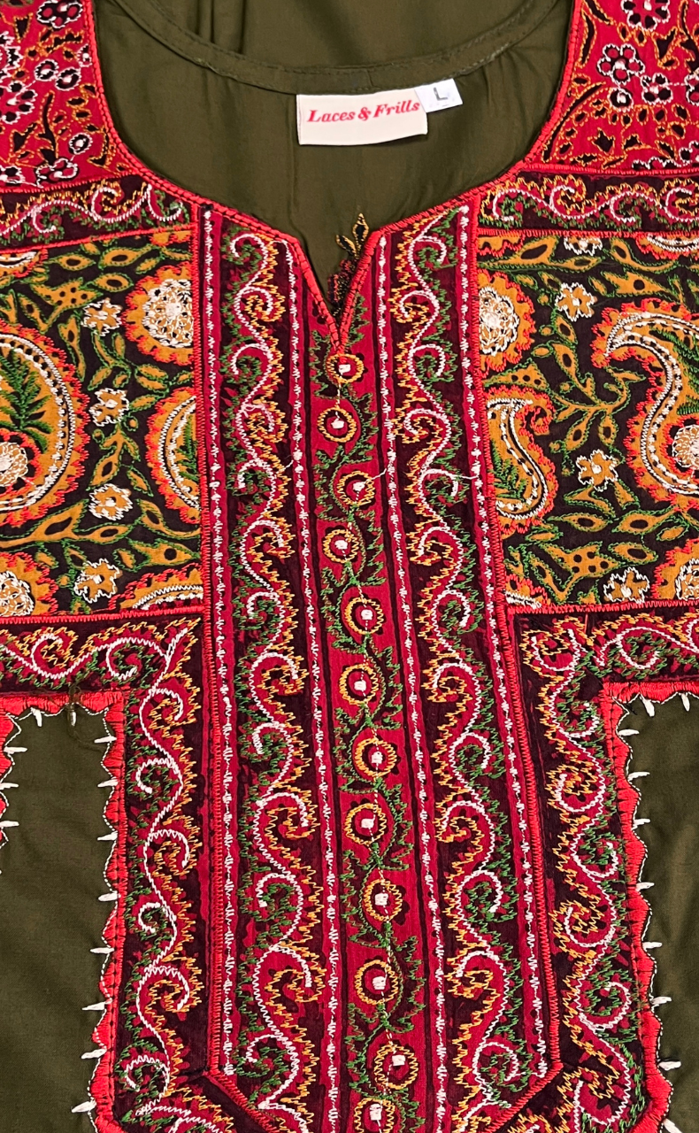Mehndi Green Bhopali Embroidery Soft Cotton Nighty. Soft Breathable Fabric | Laces and Frills