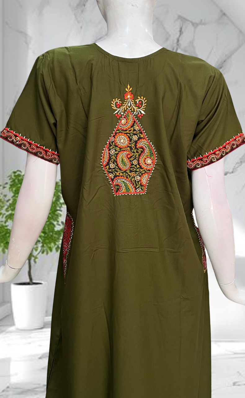 Mehndi Green Bhopali Embroidery Soft Cotton Nighty. Soft Breathable Fabric | Laces and Frills