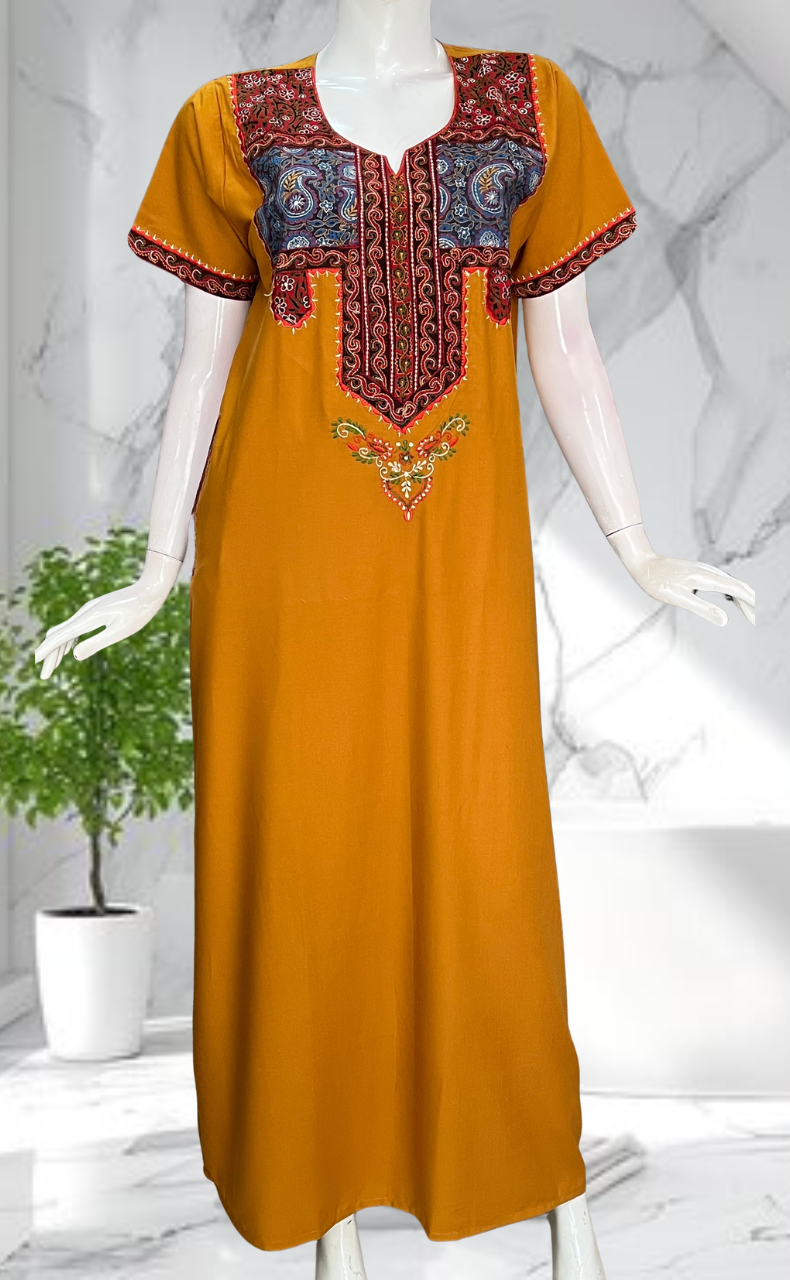 Yellow Bhopali Embroidery Soft Cotton Nighty. Soft Breathable Fabric | Laces and Frills