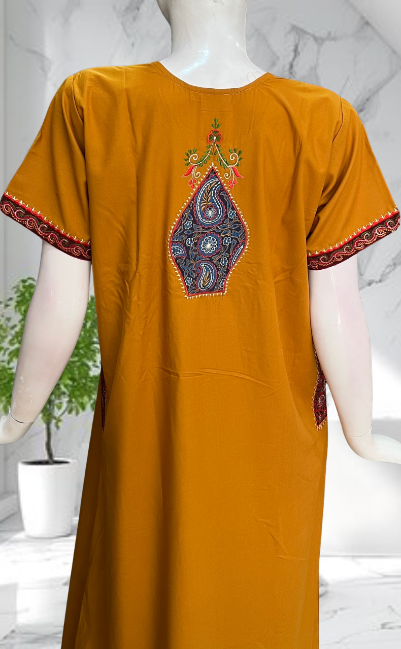 Yellow Bhopali Embroidery Soft Cotton Nighty. Soft Breathable Fabric | Laces and Frills