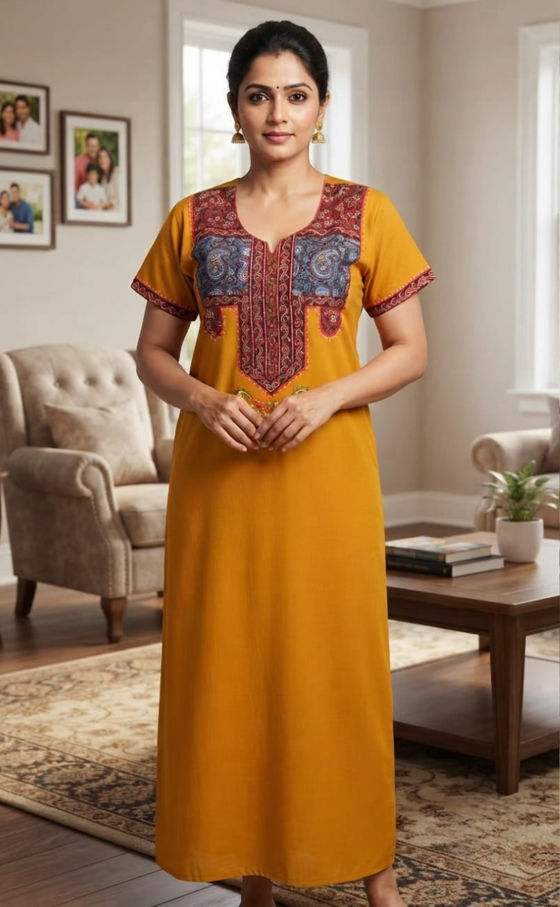 Yellow Bhopali Embroidery Soft Cotton Nighty. Soft Breathable Fabric | Laces and Frills