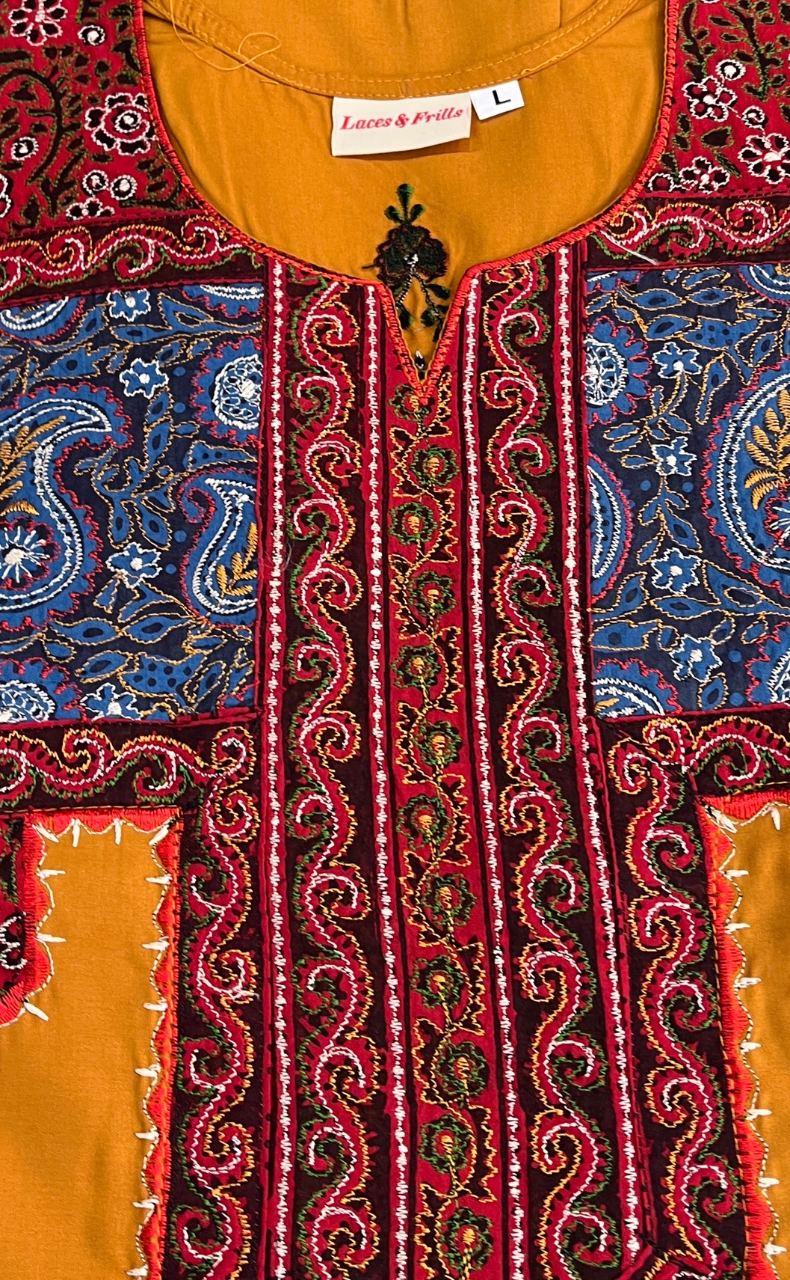 Yellow Bhopali Embroidery Soft Cotton Nighty. Soft Breathable Fabric | Laces and Frills