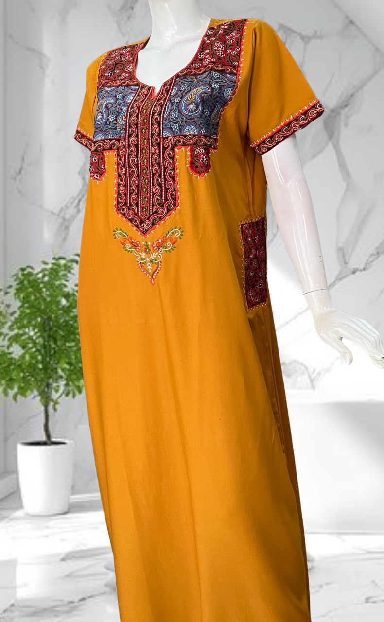 Yellow Bhopali Embroidery Soft Cotton Nighty. Soft Breathable Fabric | Laces and Frills