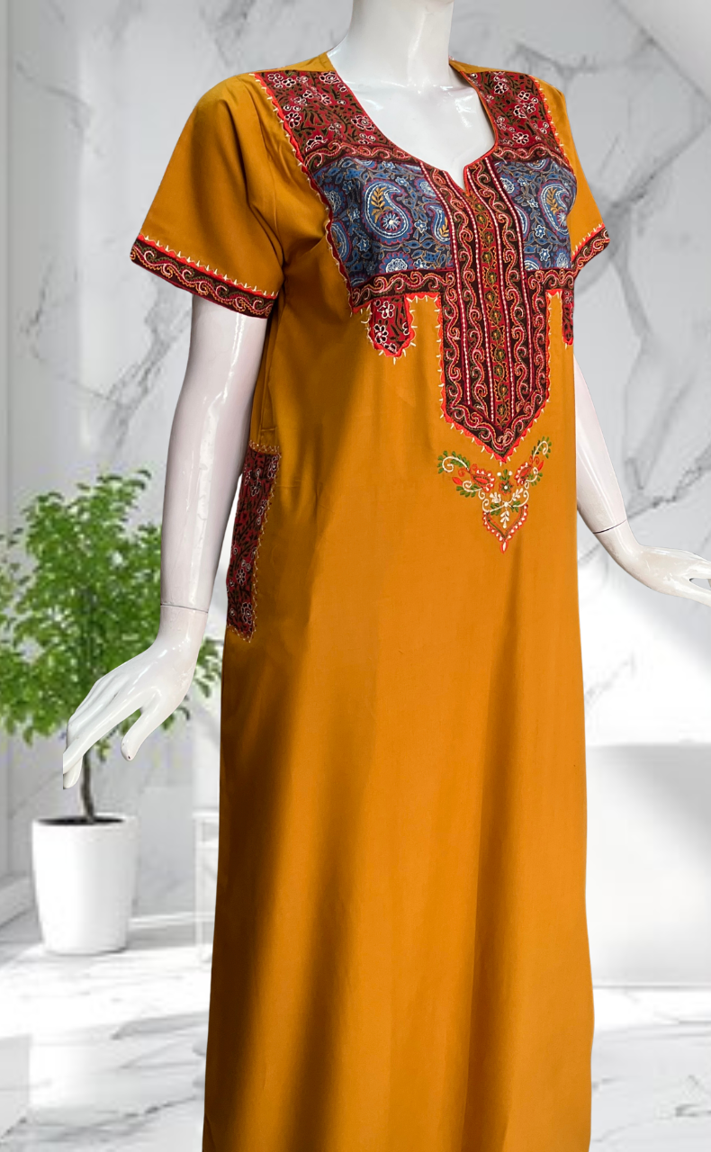 Yellow Bhopali Embroidery Soft Cotton Nighty. Soft Breathable Fabric | Laces and Frills