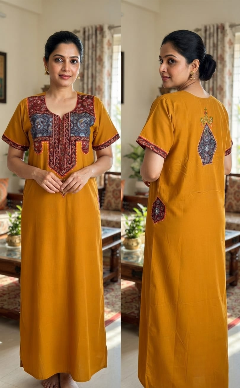 Yellow Bhopali Embroidery Soft Cotton Nighty. Soft Breathable Fabric | Laces and Frills