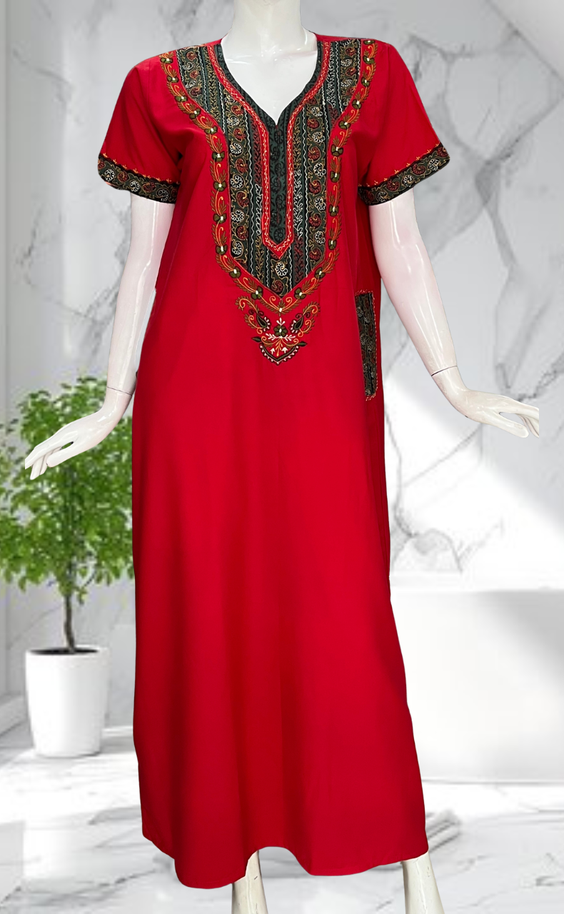 Red Bhopali Embroidery Soft Cotton Nighty. Soft Breathable Fabric | Laces and Frills