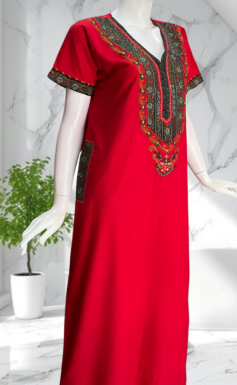Red Bhopali Embroidery Soft Cotton Nighty. Soft Breathable Fabric | Laces and Frills