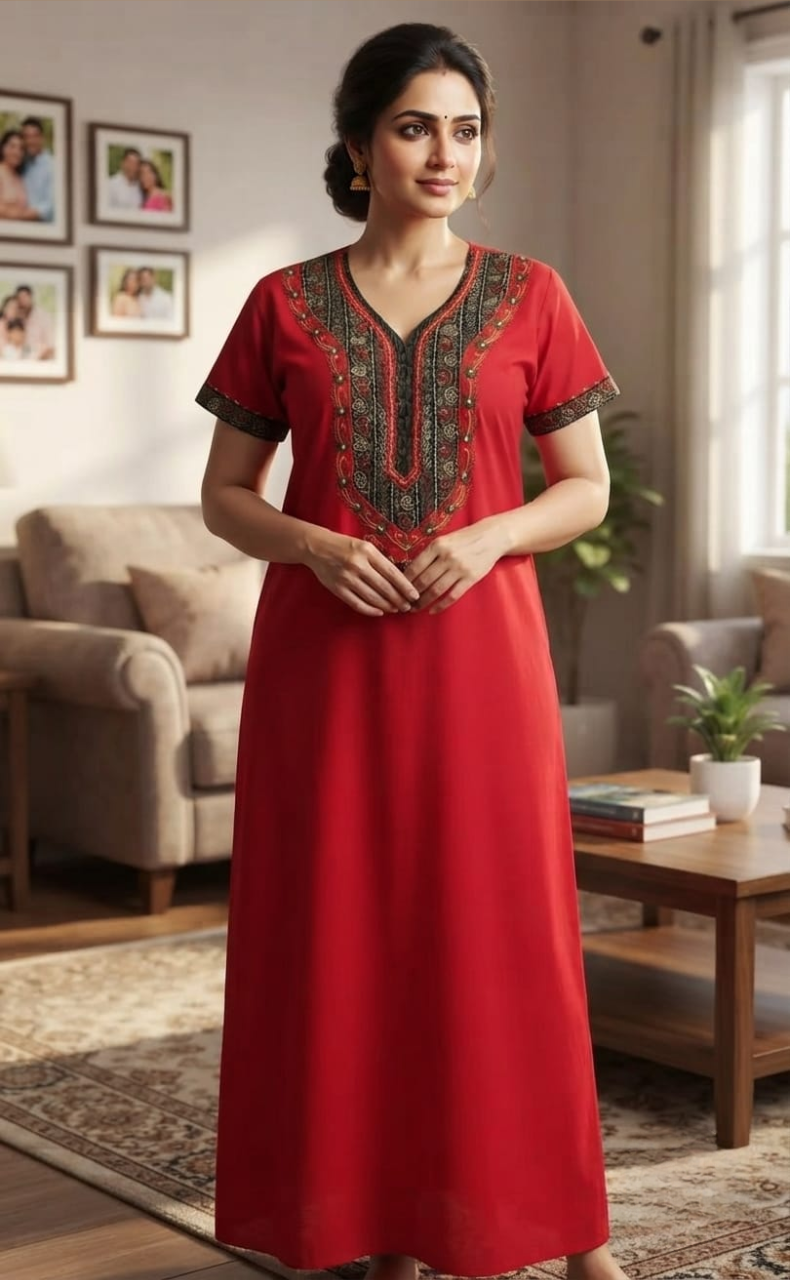 Red Bhopali Embroidery Soft Cotton Nighty. Soft Breathable Fabric | Laces and Frills