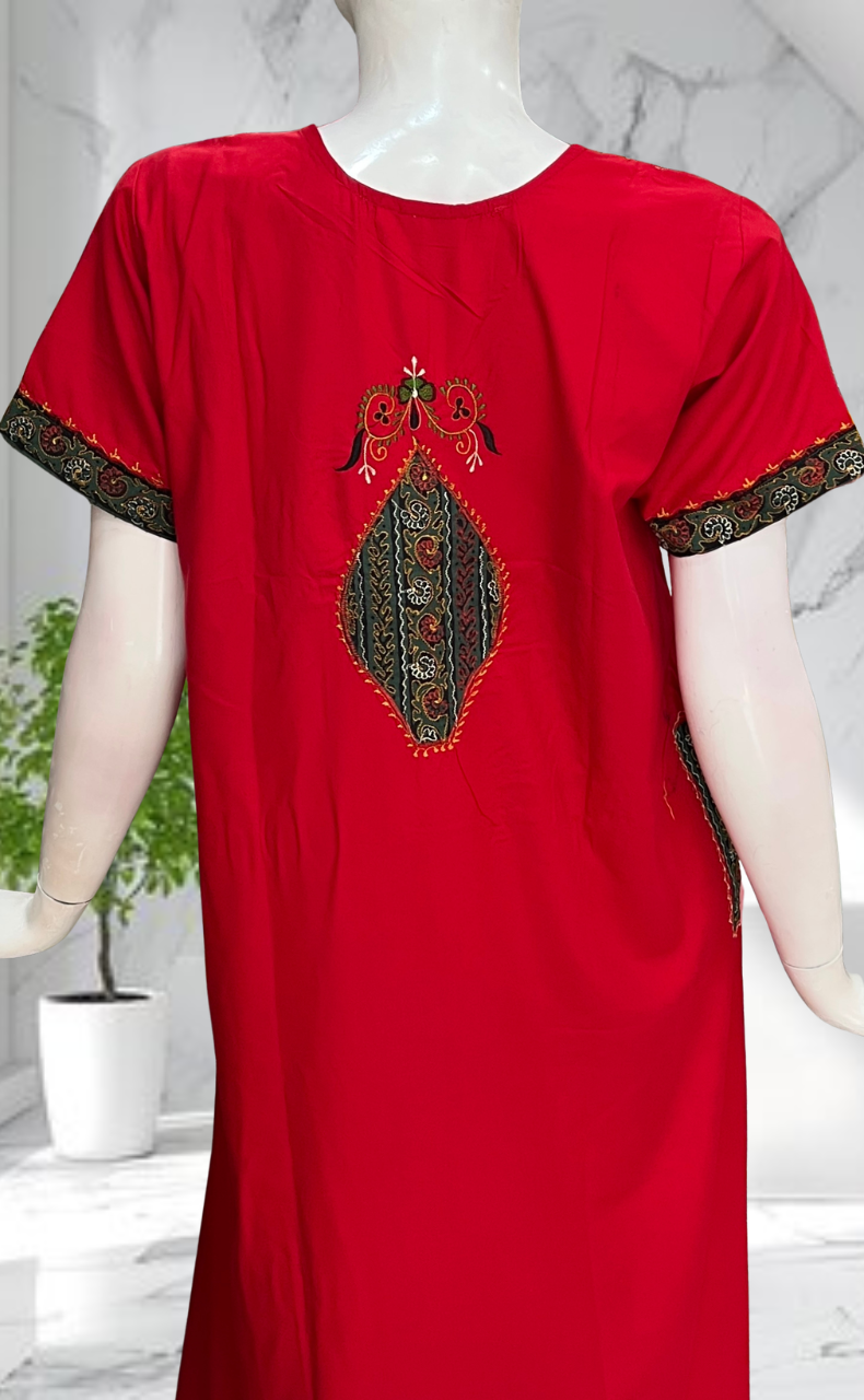 Red Bhopali Embroidery Soft Cotton Nighty. Soft Breathable Fabric | Laces and Frills