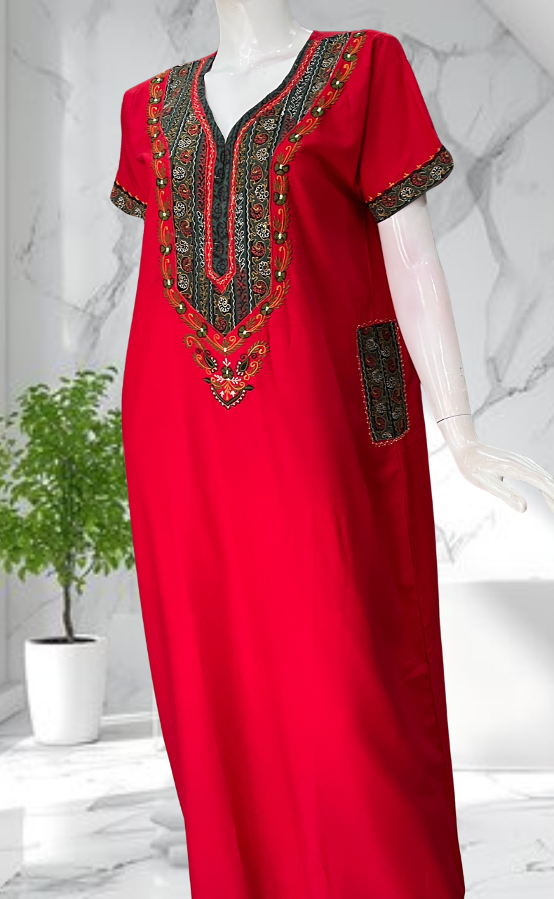 Red Bhopali Embroidery Soft Cotton Nighty. Soft Breathable Fabric | Laces and Frills