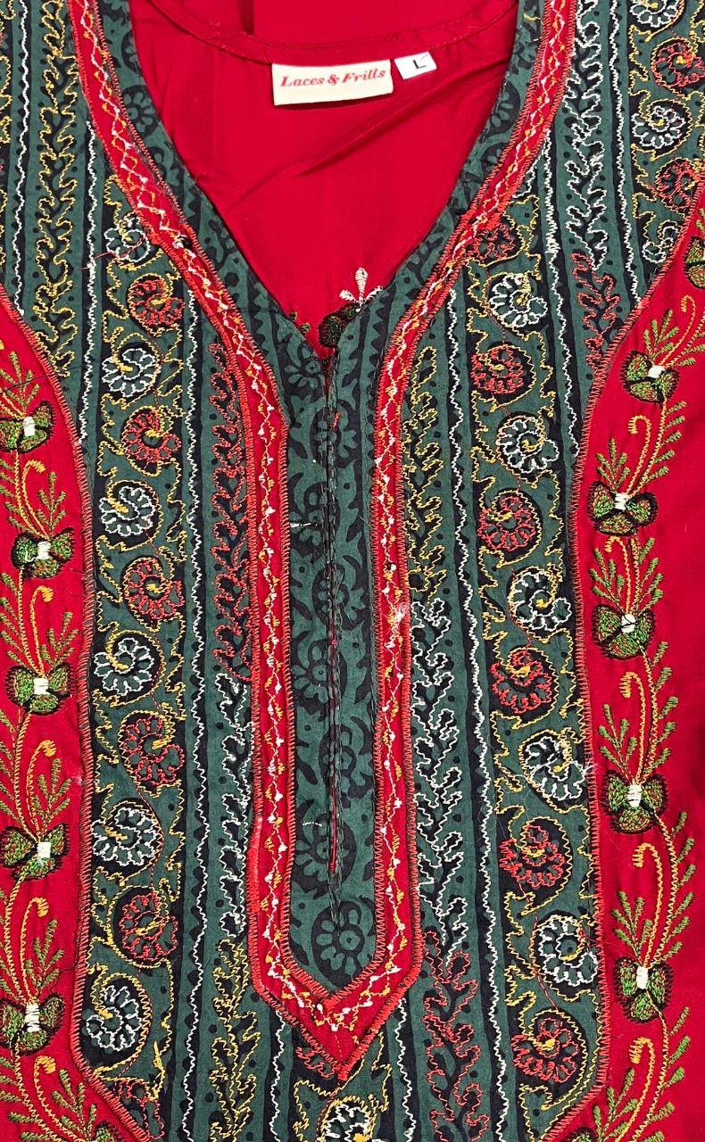 Red Bhopali Embroidery Soft Cotton Nighty. Soft Breathable Fabric | Laces and Frills