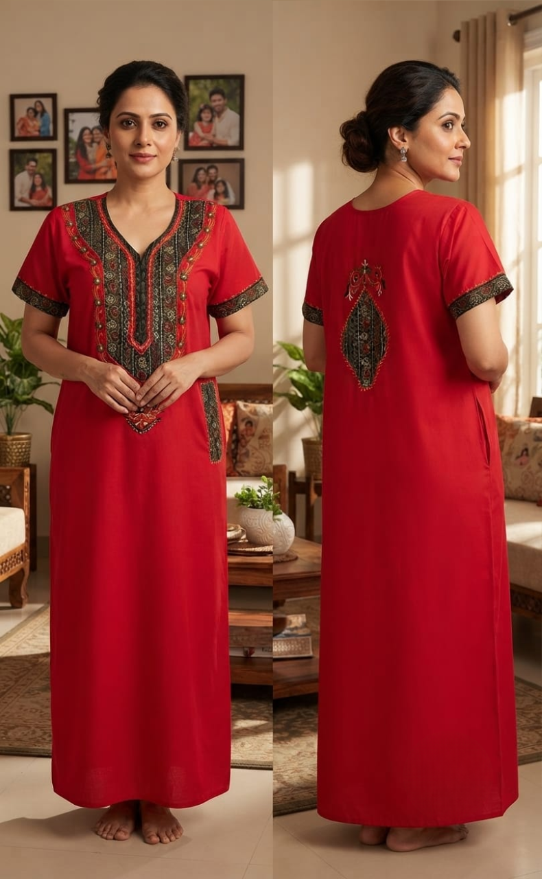 Red Bhopali Embroidery Soft Cotton Nighty. Soft Breathable Fabric | Laces and Frills