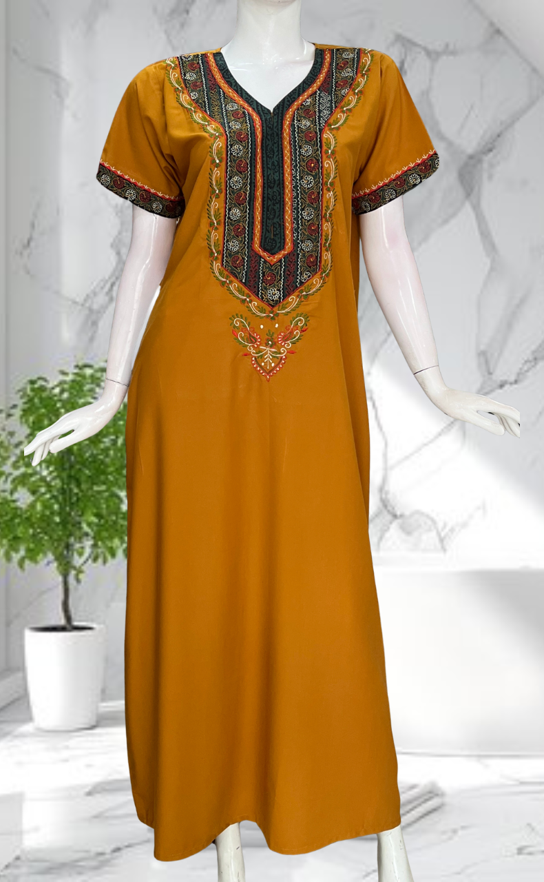 Yellow Bhopali Embroidery Soft Cotton Nighty. Soft Breathable Fabric | Laces and Frills