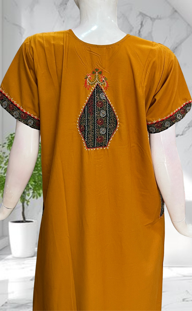 Yellow Bhopali Embroidery Soft Cotton Nighty. Soft Breathable Fabric | Laces and Frills