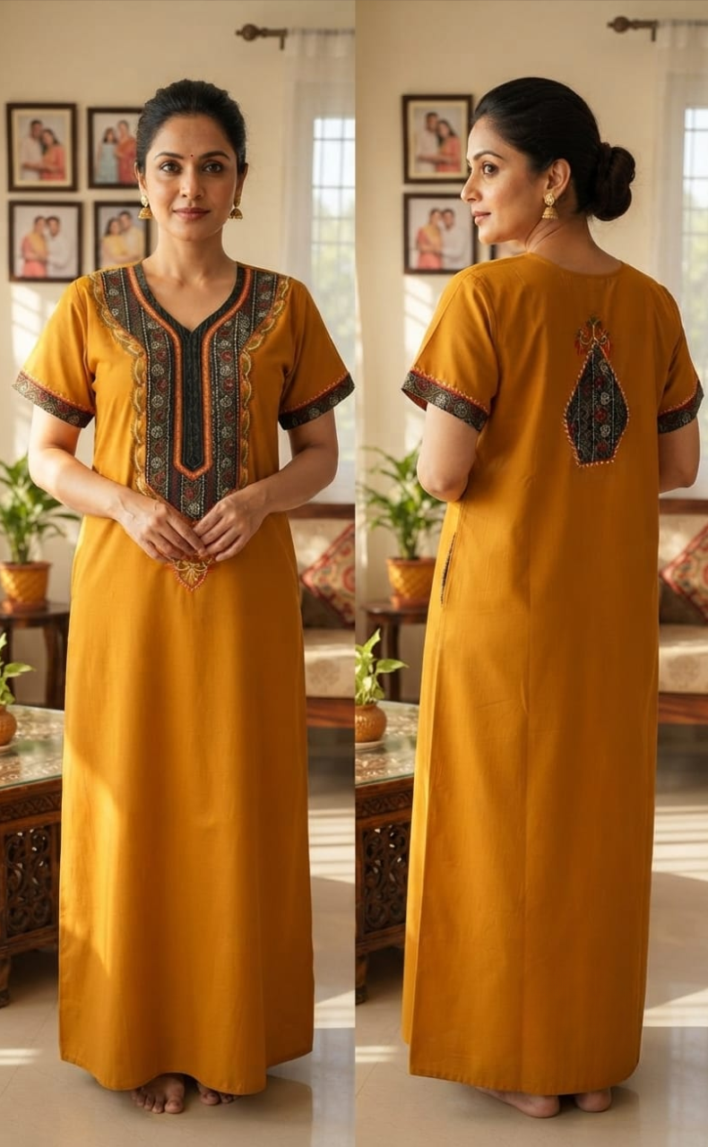 Yellow Bhopali Embroidery Soft Cotton Nighty. Soft Breathable Fabric | Laces and Frills