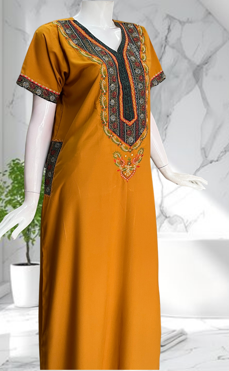 Yellow Bhopali Embroidery Soft Cotton Nighty. Soft Breathable Fabric | Laces and Frills