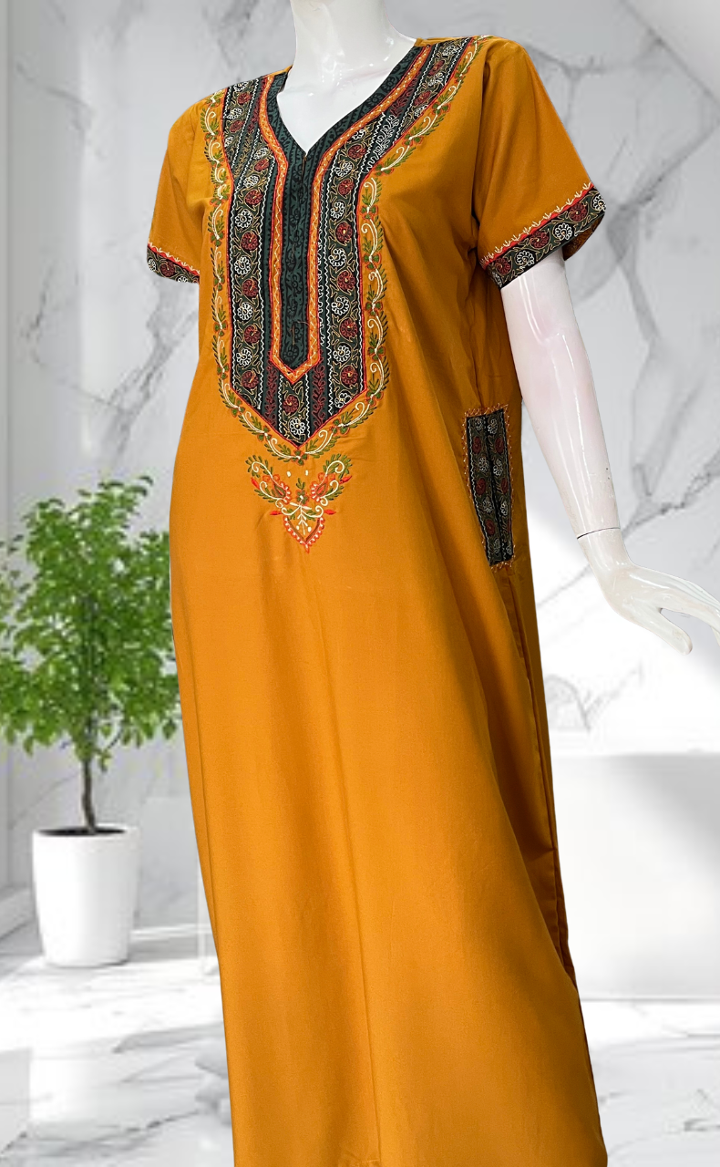 Yellow Bhopali Embroidery Soft Cotton Nighty. Soft Breathable Fabric | Laces and Frills