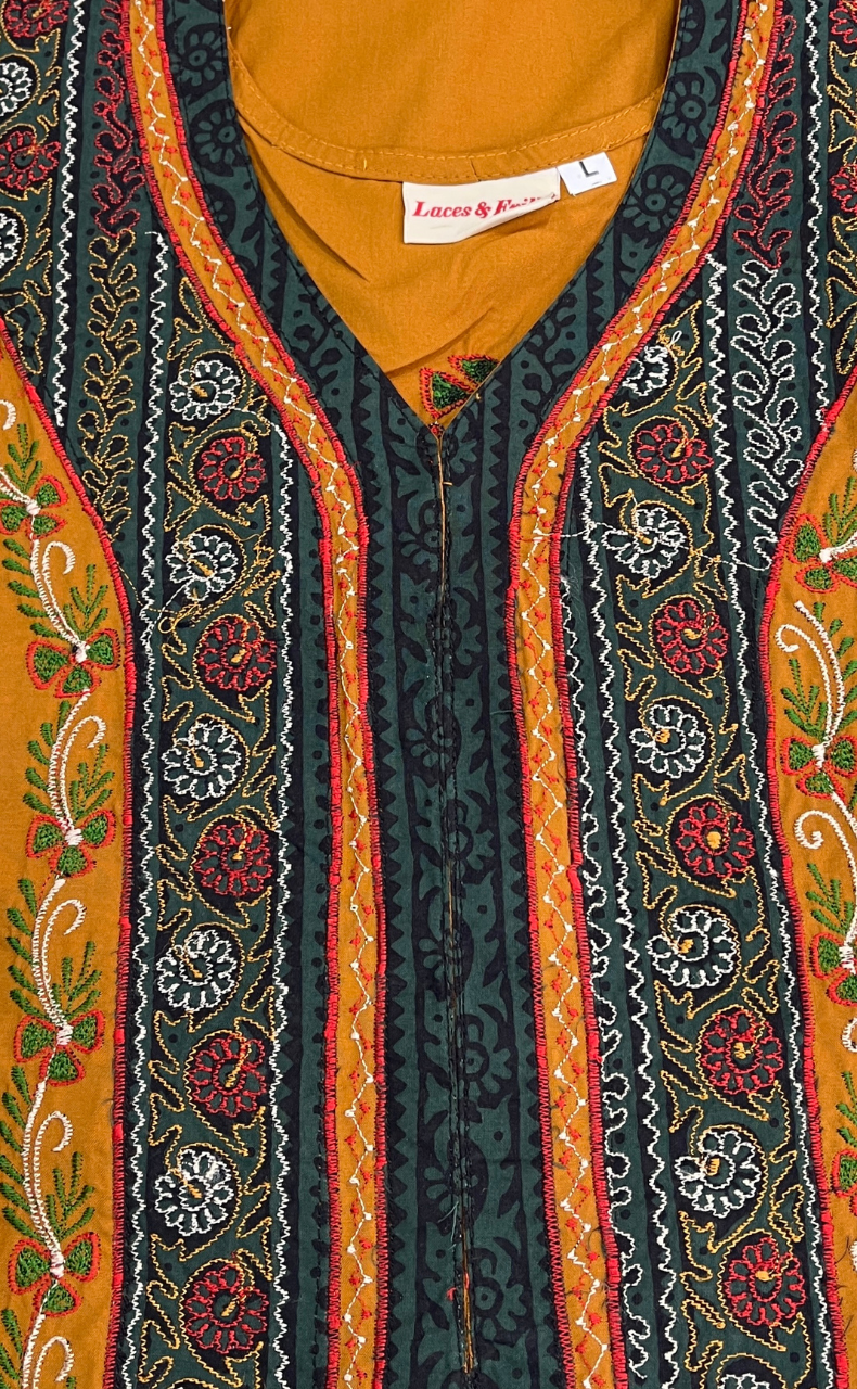Yellow Bhopali Embroidery Soft Cotton Nighty. Soft Breathable Fabric | Laces and Frills