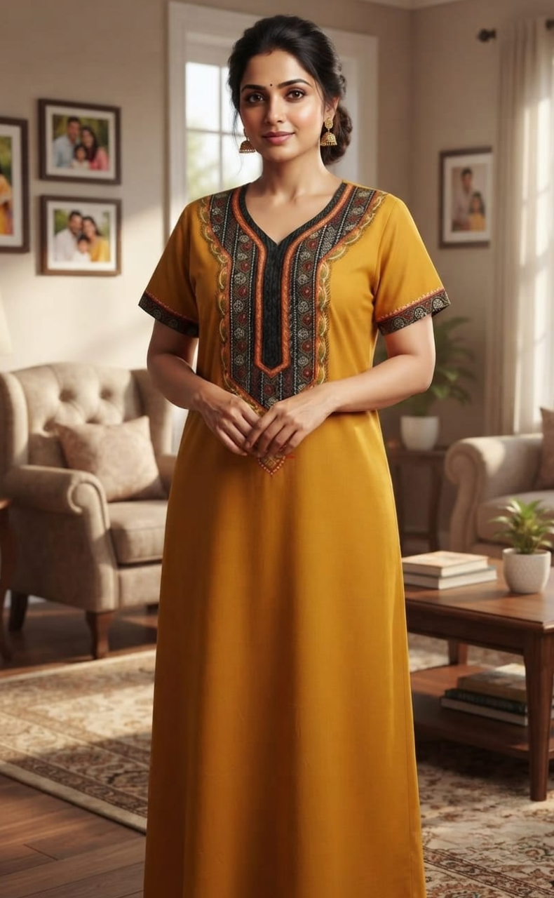 Yellow Bhopali Embroidery Soft Cotton Nighty. Soft Breathable Fabric | Laces and Frills