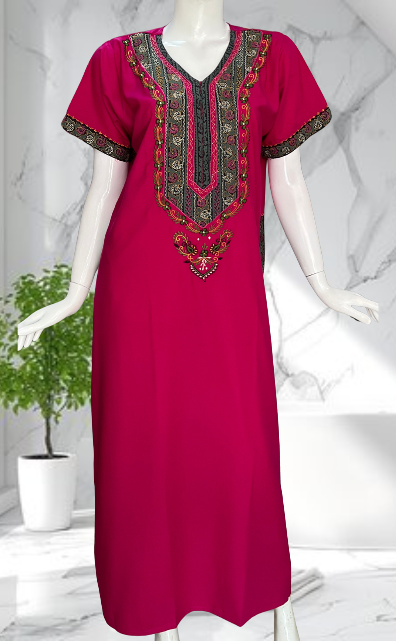 Hot Pink Bhopali Embroidery Soft Cotton Nighty. Soft Breathable Fabric | Laces and Frills