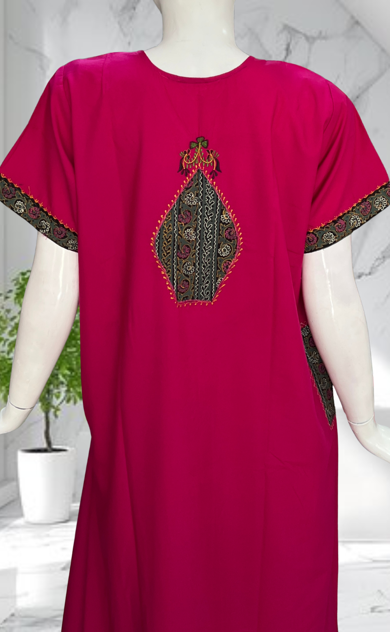 Hot Pink Bhopali Embroidery Soft Cotton Nighty. Soft Breathable Fabric | Laces and Frills