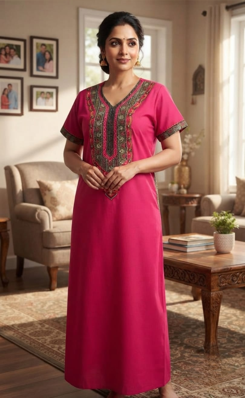 Hot Pink Bhopali Embroidery Soft Cotton Nighty. Soft Breathable Fabric | Laces and Frills