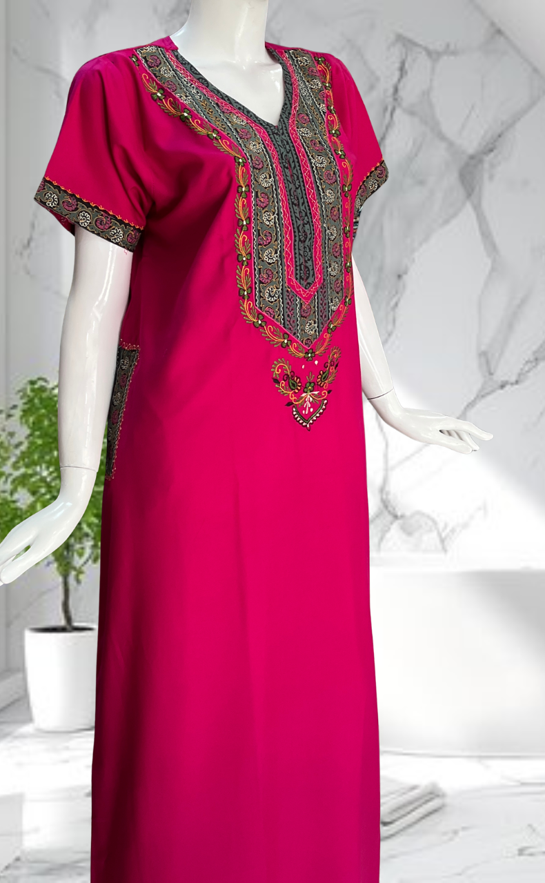 Hot Pink Bhopali Embroidery Soft Cotton Nighty. Soft Breathable Fabric | Laces and Frills