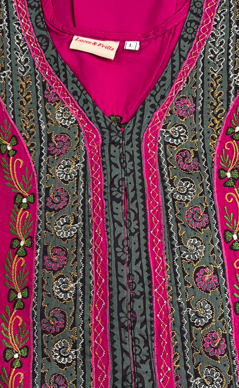 Hot Pink Bhopali Embroidery Soft Cotton Nighty. Soft Breathable Fabric | Laces and Frills