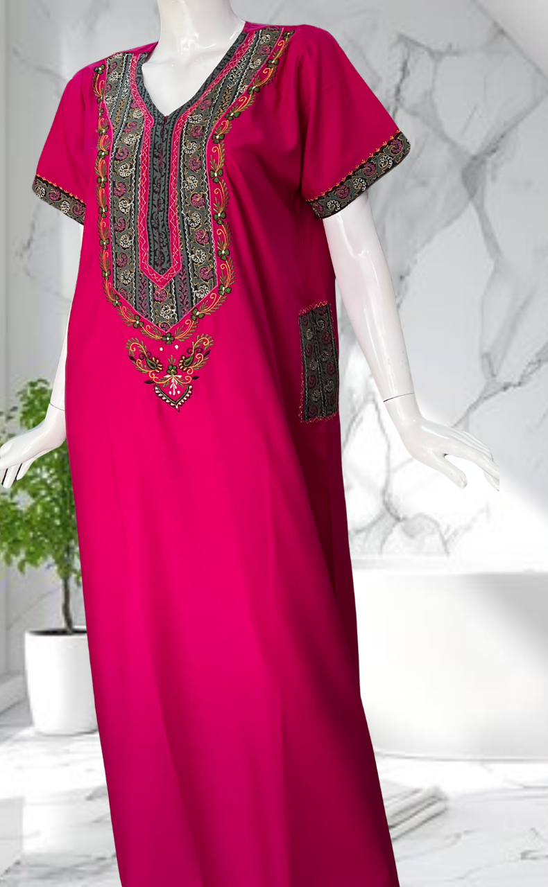 Hot Pink Bhopali Embroidery Soft Cotton Nighty. Soft Breathable Fabric | Laces and Frills