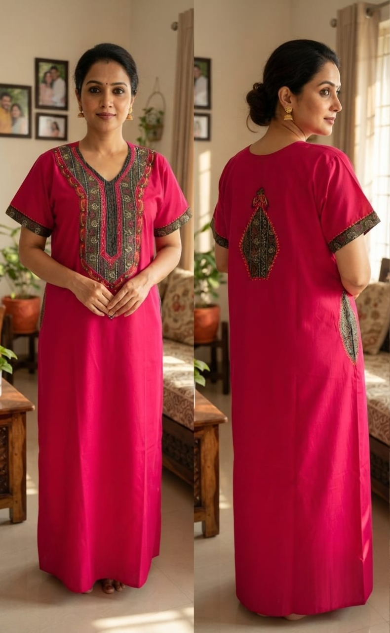 Hot Pink Bhopali Embroidery Soft Cotton Nighty. Soft Breathable Fabric | Laces and Frills