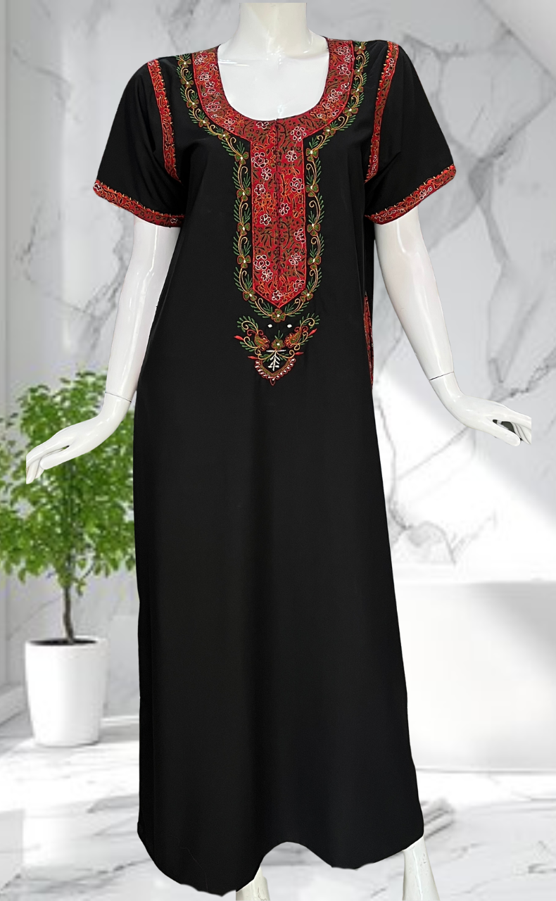 Black Bhopali Embroidery Soft Cotton Nighty. Soft Breathable Fabric | Laces and Frills