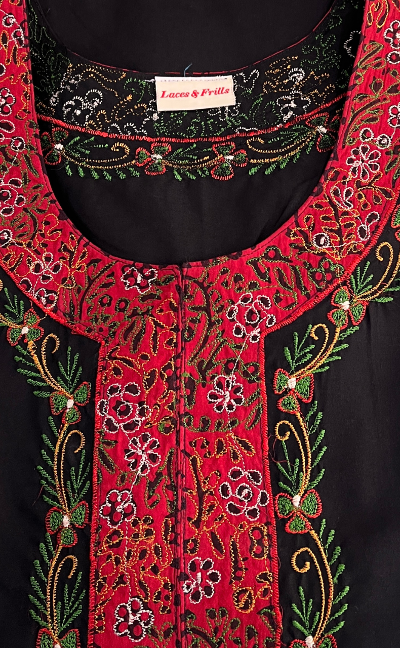 Black Bhopali Embroidery Soft Cotton Nighty. Soft Breathable Fabric | Laces and Frills