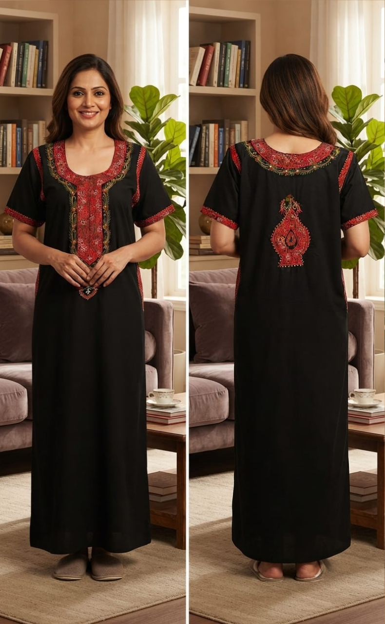 Black Bhopali Embroidery Soft Cotton Nighty. Soft Breathable Fabric | Laces and Frills