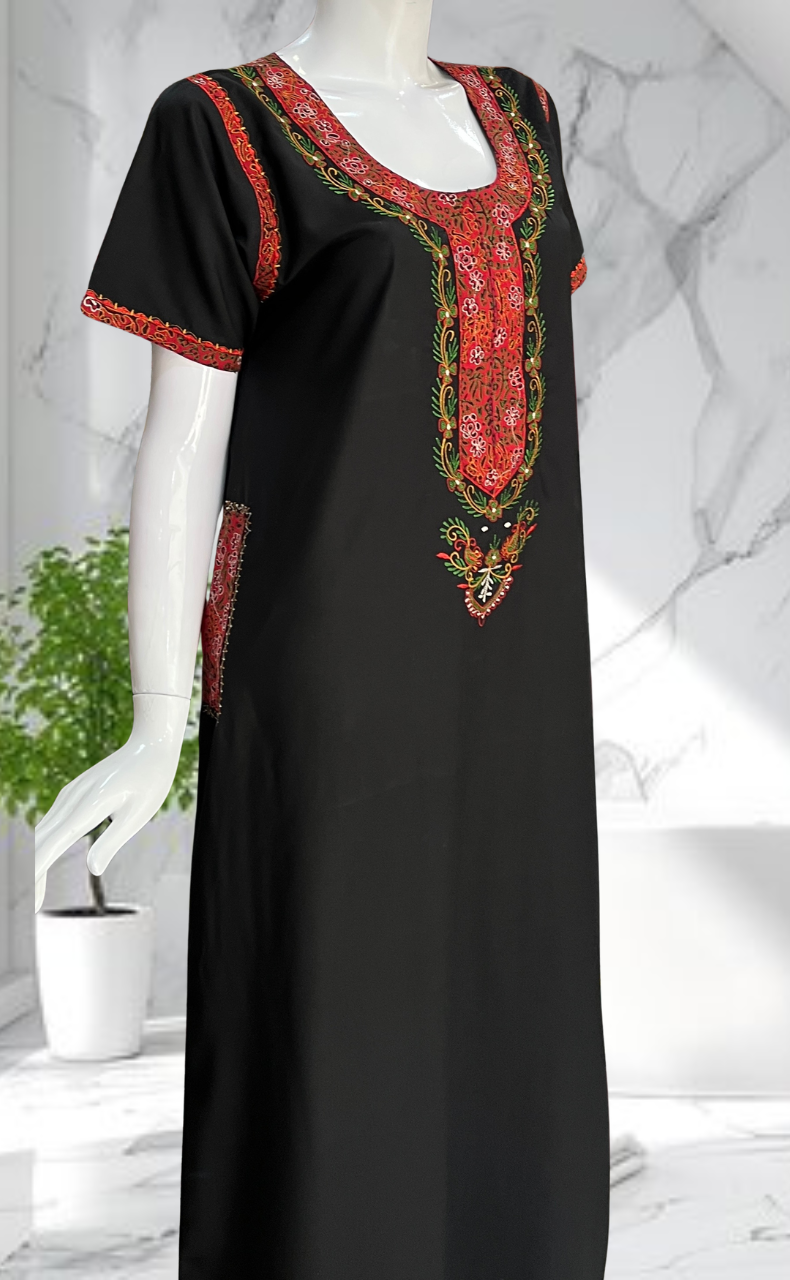 Black Bhopali Embroidery Soft Cotton Nighty. Soft Breathable Fabric | Laces and Frills