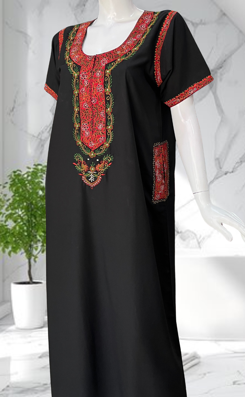Black Bhopali Embroidery Soft Cotton Nighty. Soft Breathable Fabric | Laces and Frills