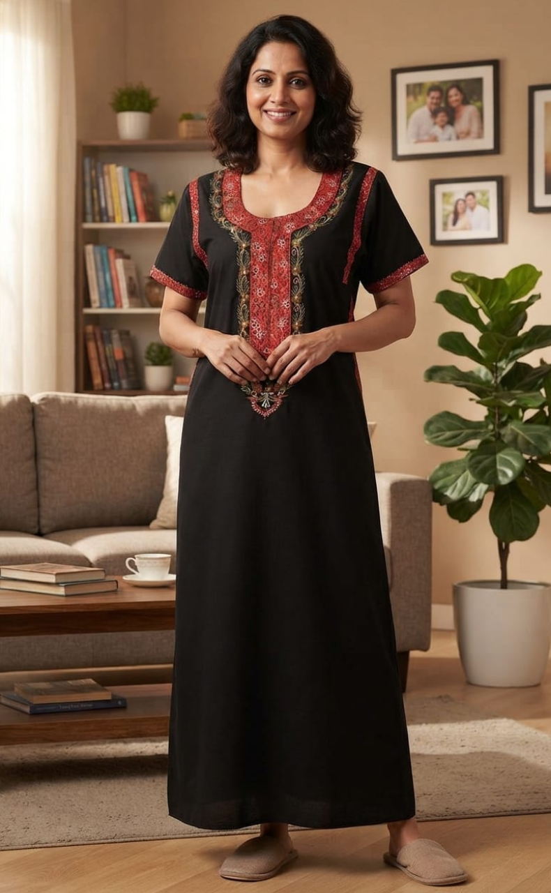 Black Bhopali Embroidery Soft Cotton Nighty. Soft Breathable Fabric | Laces and Frills