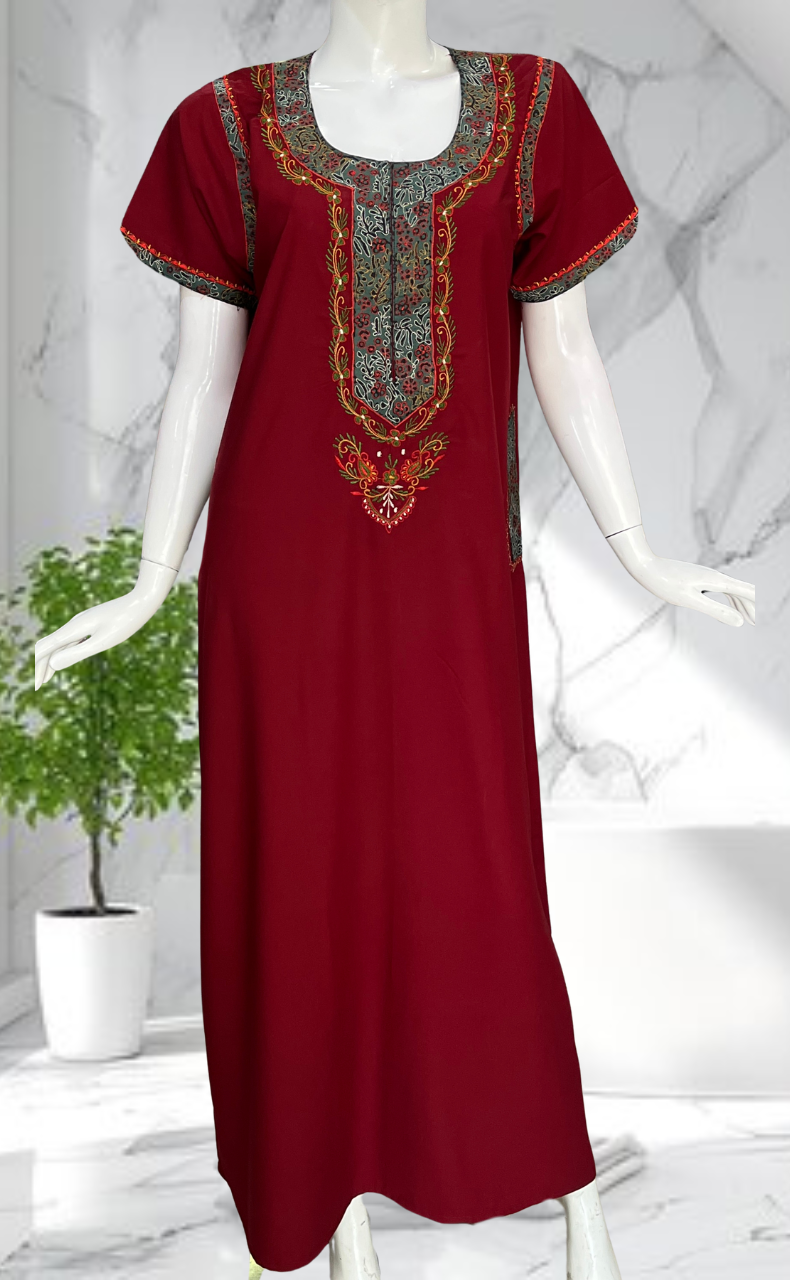 Maroon Bhopali Embroidery Soft Cotton Nighty. Soft Breathable Fabric | Laces and Frills
