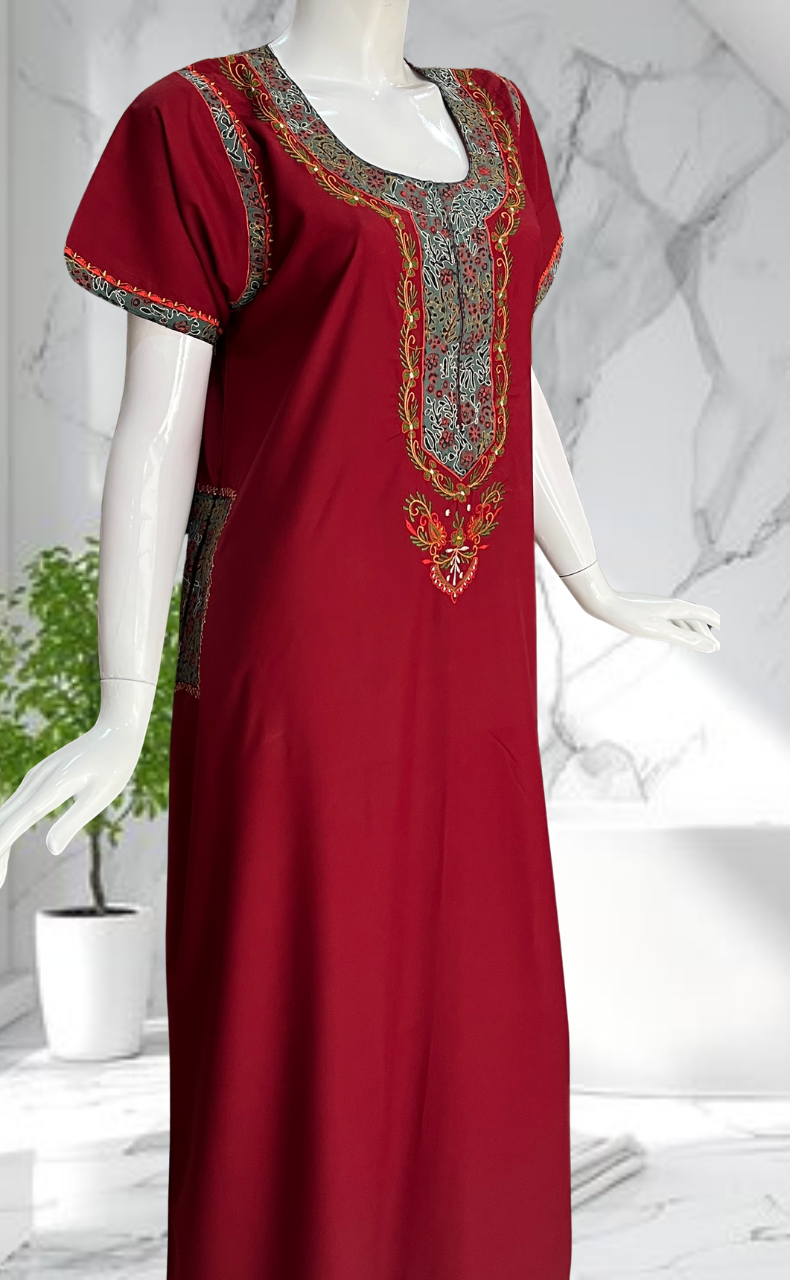 Maroon Bhopali Embroidery Soft Cotton Nighty. Soft Breathable Fabric | Laces and Frills