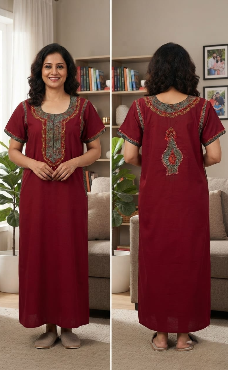 Maroon Bhopali Embroidery Soft Cotton Nighty. Soft Breathable Fabric | Laces and Frills