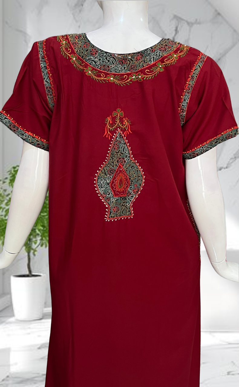 Maroon Bhopali Embroidery Soft Cotton Nighty. Soft Breathable Fabric | Laces and Frills
