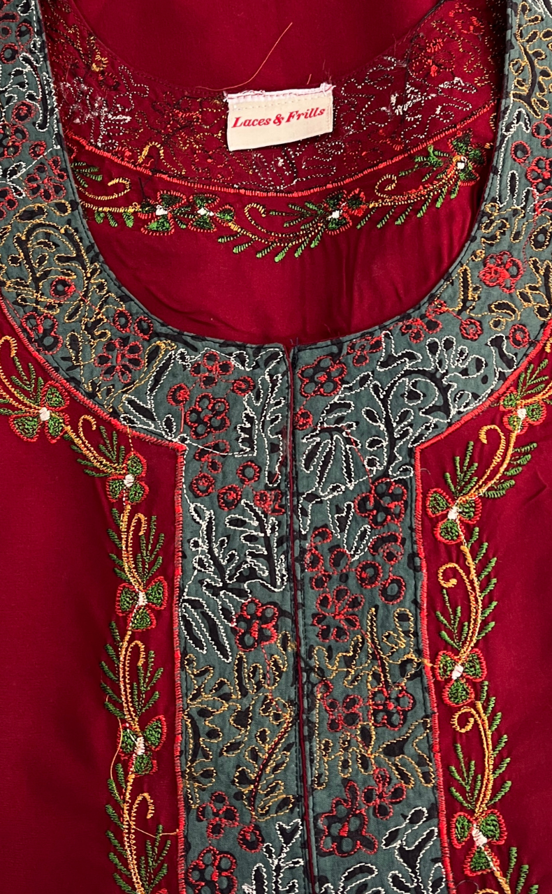 Maroon Bhopali Embroidery Soft Cotton Nighty. Soft Breathable Fabric | Laces and Frills