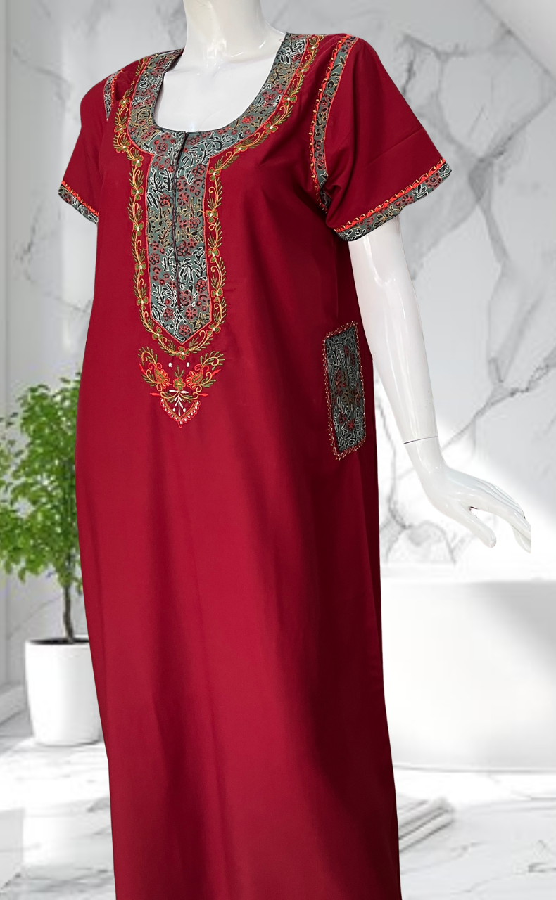 Maroon Bhopali Embroidery Soft Cotton Nighty. Soft Breathable Fabric | Laces and Frills