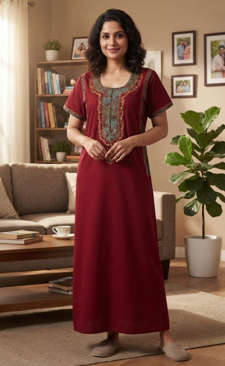 Maroon Bhopali Embroidery Soft Cotton Nighty. Soft Breathable Fabric | Laces and Frills