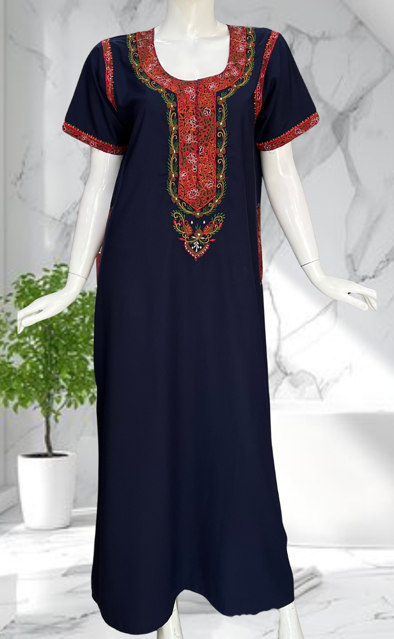 Navy Blue Bhopali Embroidery Soft Cotton Nighty. Soft Breathable Fabric | Laces and Frills