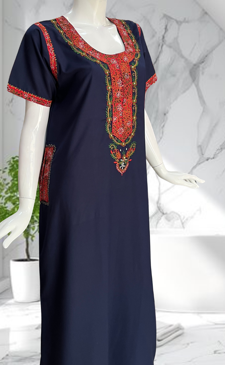 Navy Blue Bhopali Embroidery Soft Cotton Nighty. Soft Breathable Fabric | Laces and Frills