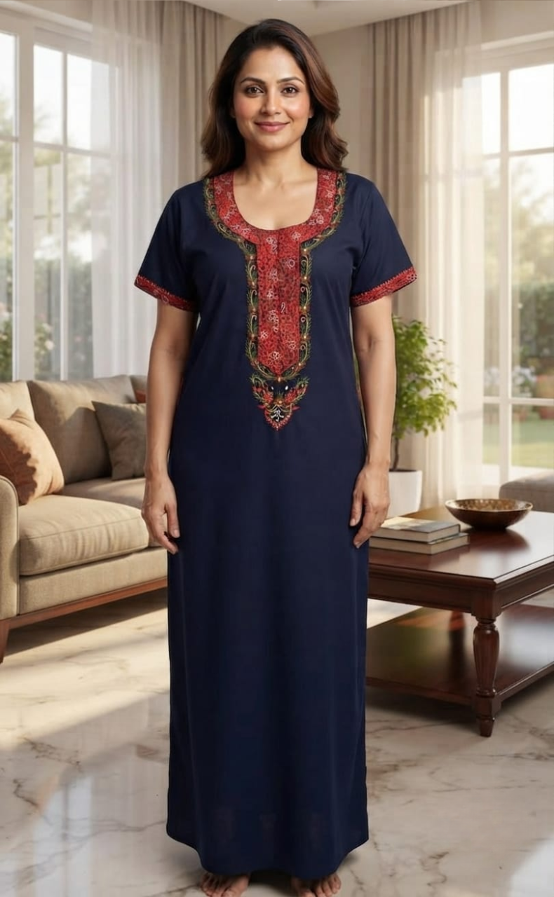 Navy Blue Bhopali Embroidery Soft Cotton Nighty. Soft Breathable Fabric | Laces and Frills