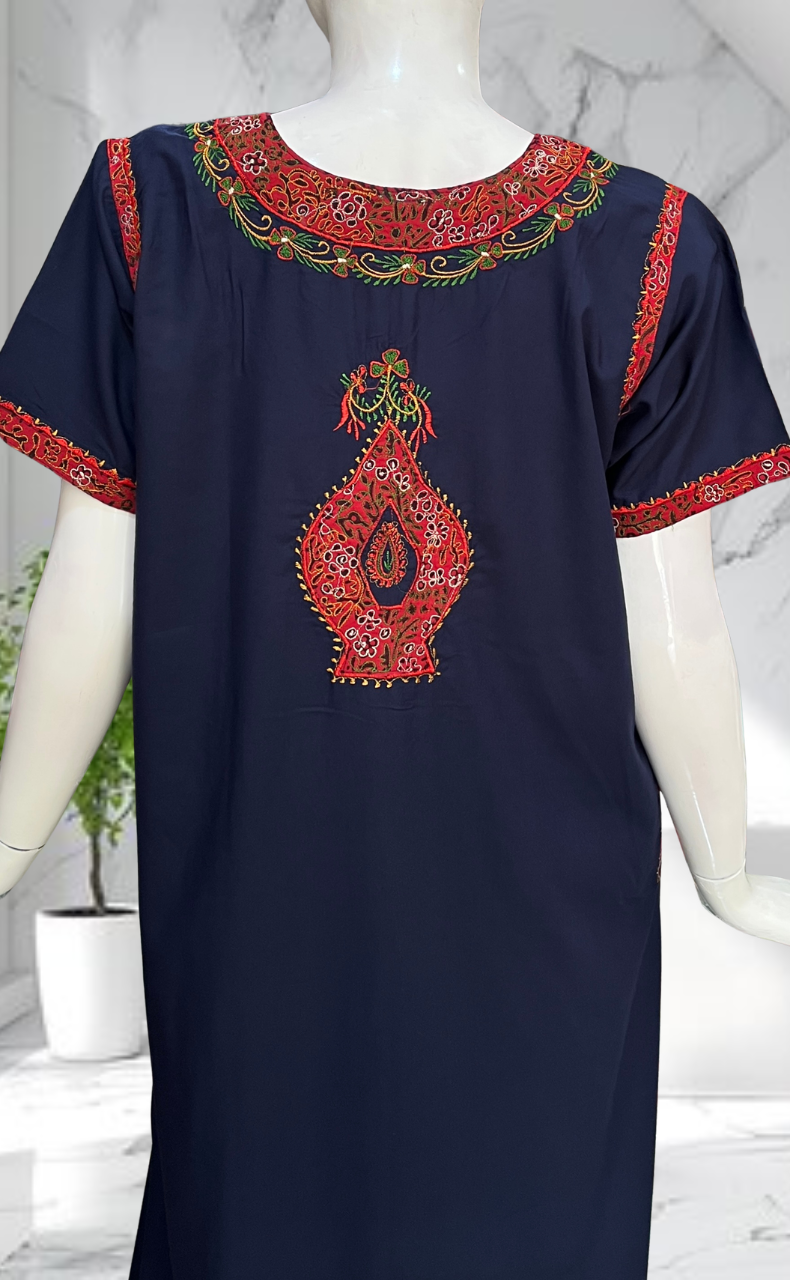 Navy Blue Bhopali Embroidery Soft Cotton Nighty. Soft Breathable Fabric | Laces and Frills