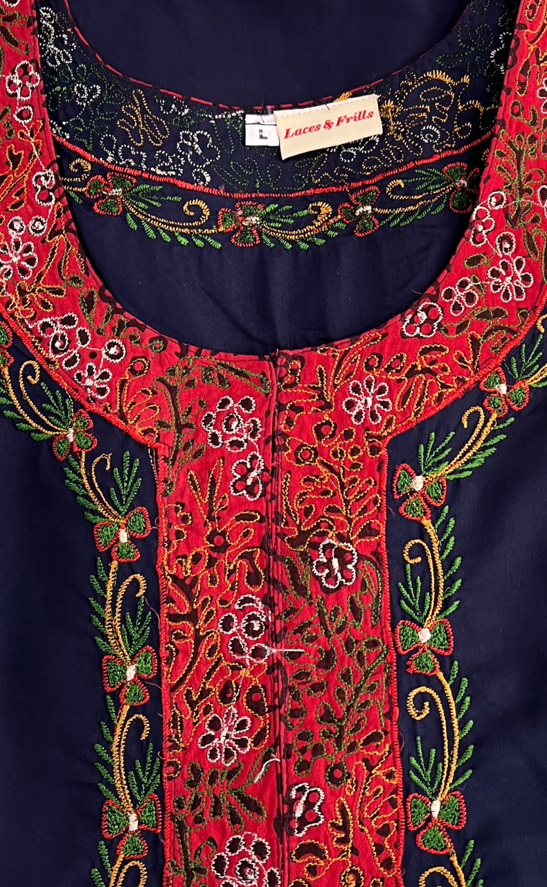 Navy Blue Bhopali Embroidery Soft Cotton Nighty. Soft Breathable Fabric | Laces and Frills