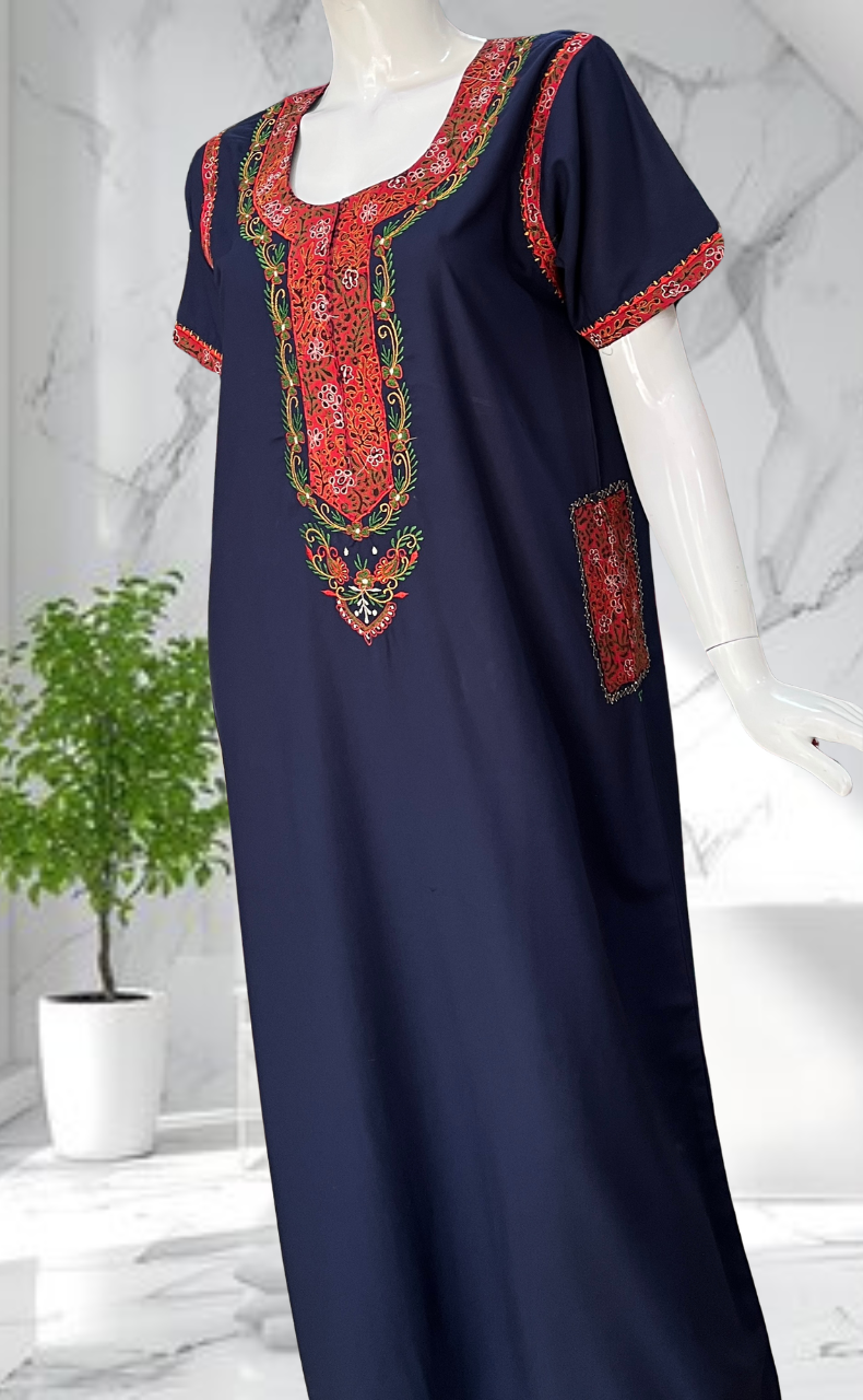 Navy Blue Bhopali Embroidery Soft Cotton Nighty. Soft Breathable Fabric | Laces and Frills