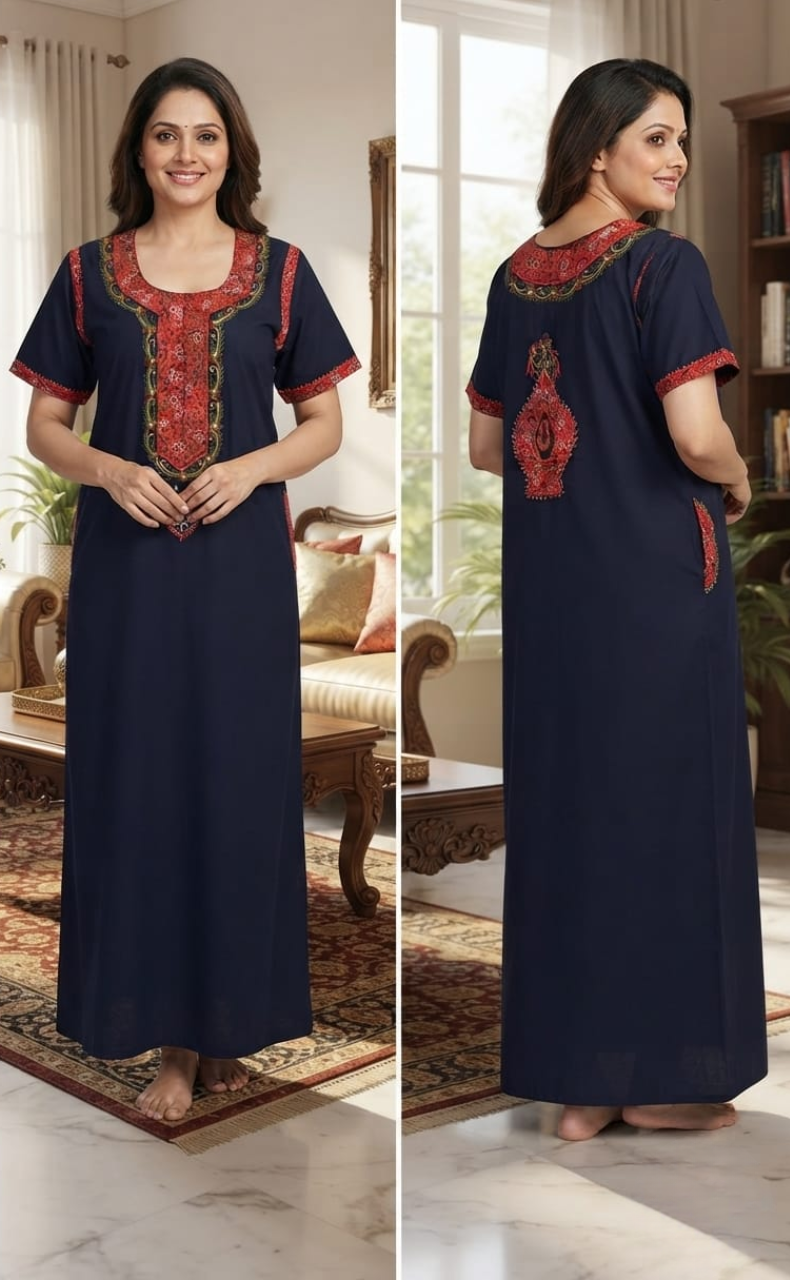 Navy Blue Bhopali Embroidery Soft Cotton Nighty. Soft Breathable Fabric | Laces and Frills
